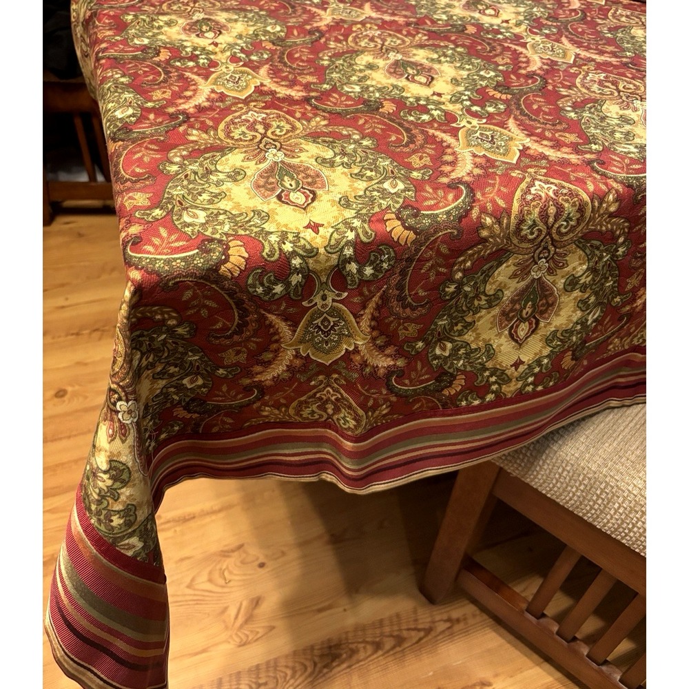 Karen Lee Ballard Tablecloth NWT 51 x 52 Burgundy Gold Green Medallion Ribbon